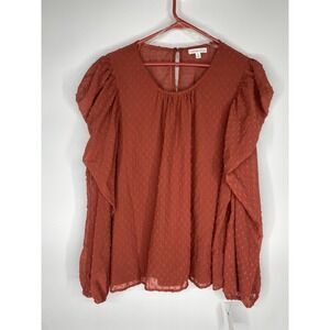 Ophelia Roe Swiss Dot Puff Sleeve Burnt Orange Autumn Womens Blouse 2X